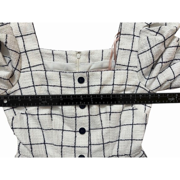 Gal Meets Glam OP Windowpane Check Puff Sleeve Mini Dress White Blue Cotton - Picture 5 of 8